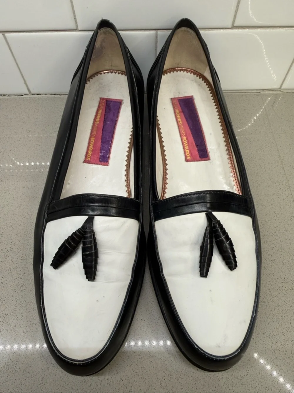 Vintage 80s RARE - Susan Bennis Warren Edwards Black and White Tassel Loafers